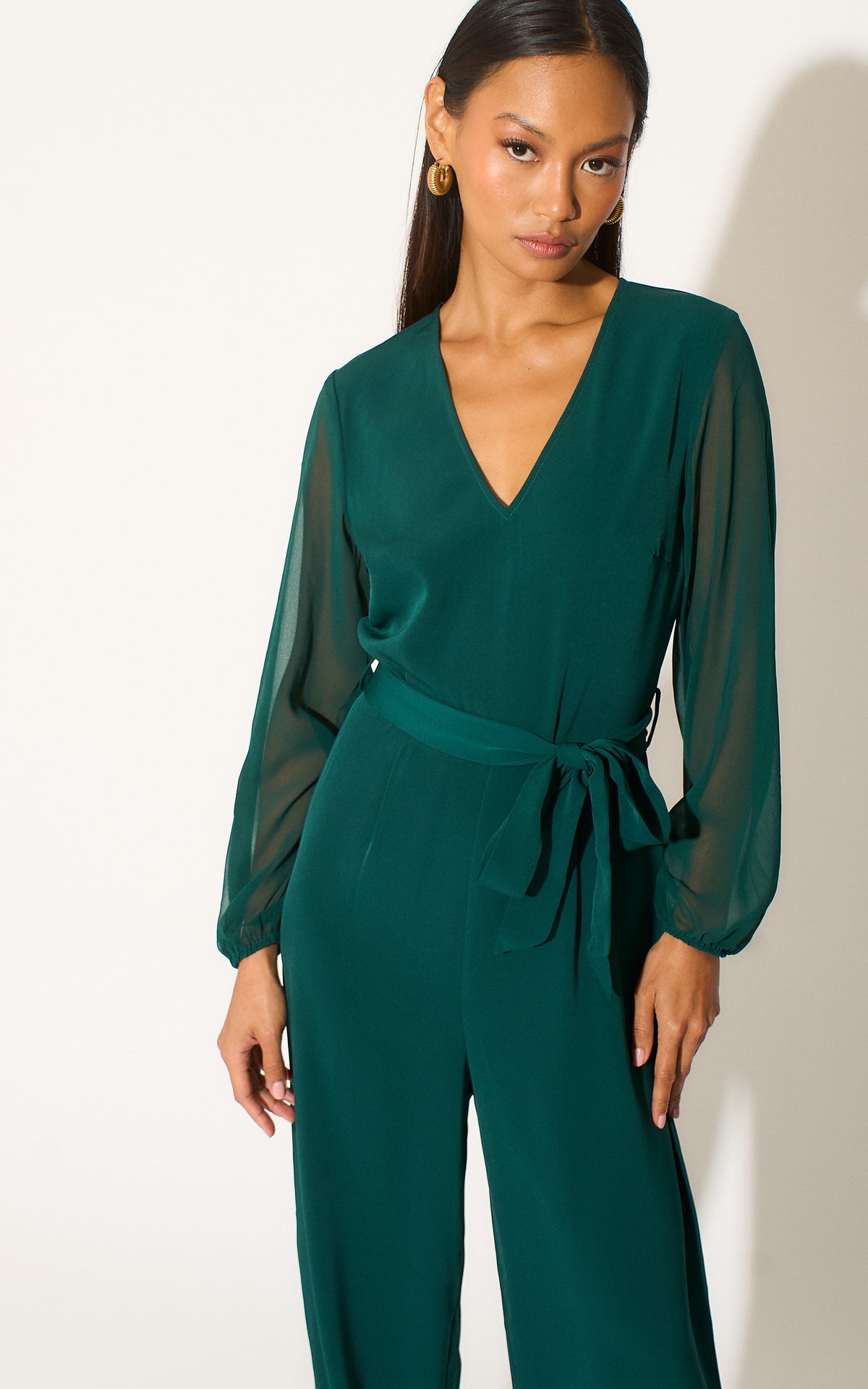 Forest Green Long Sleeve Jumpsuit with Chiffon Sleeve
