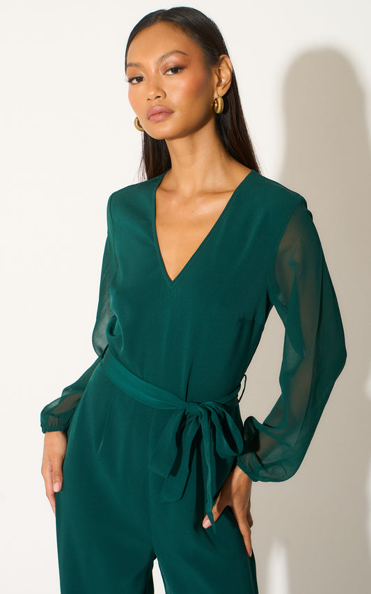 Forest Green Long Sleeve Jumpsuit with Chiffon Sleeve