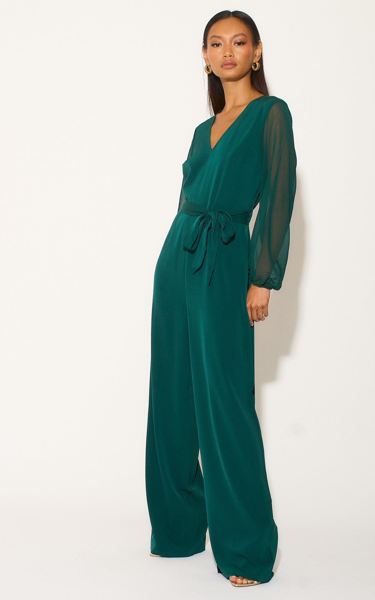 Forest Green Long Sleeve Jumpsuit with Chiffon Sleeve