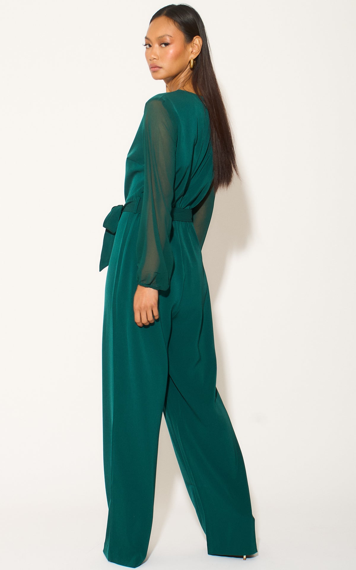 Forest Green Long Sleeve Jumpsuit with Chiffon Sleeve