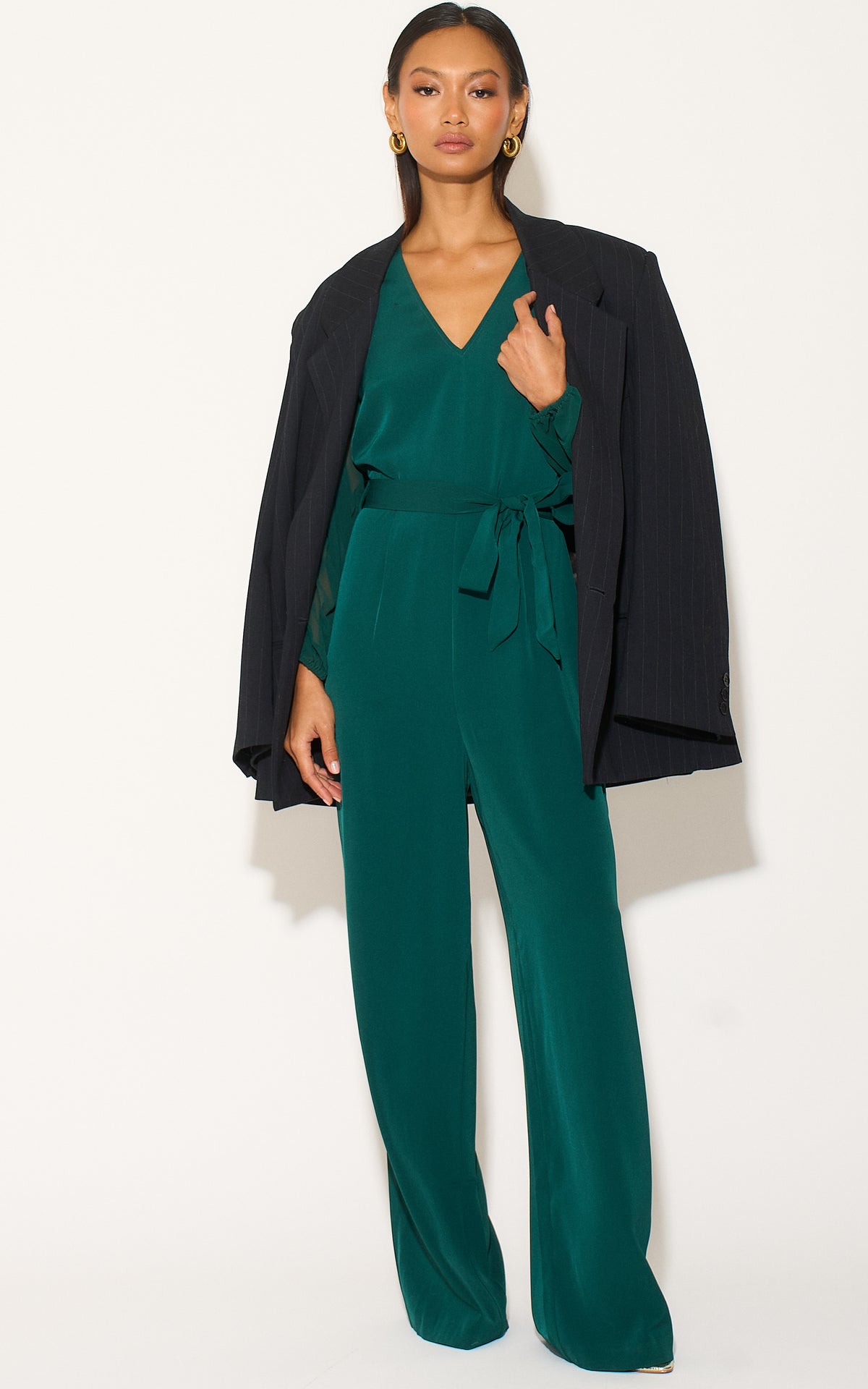 Forest Green Long Sleeve Jumpsuit with Chiffon Sleeve