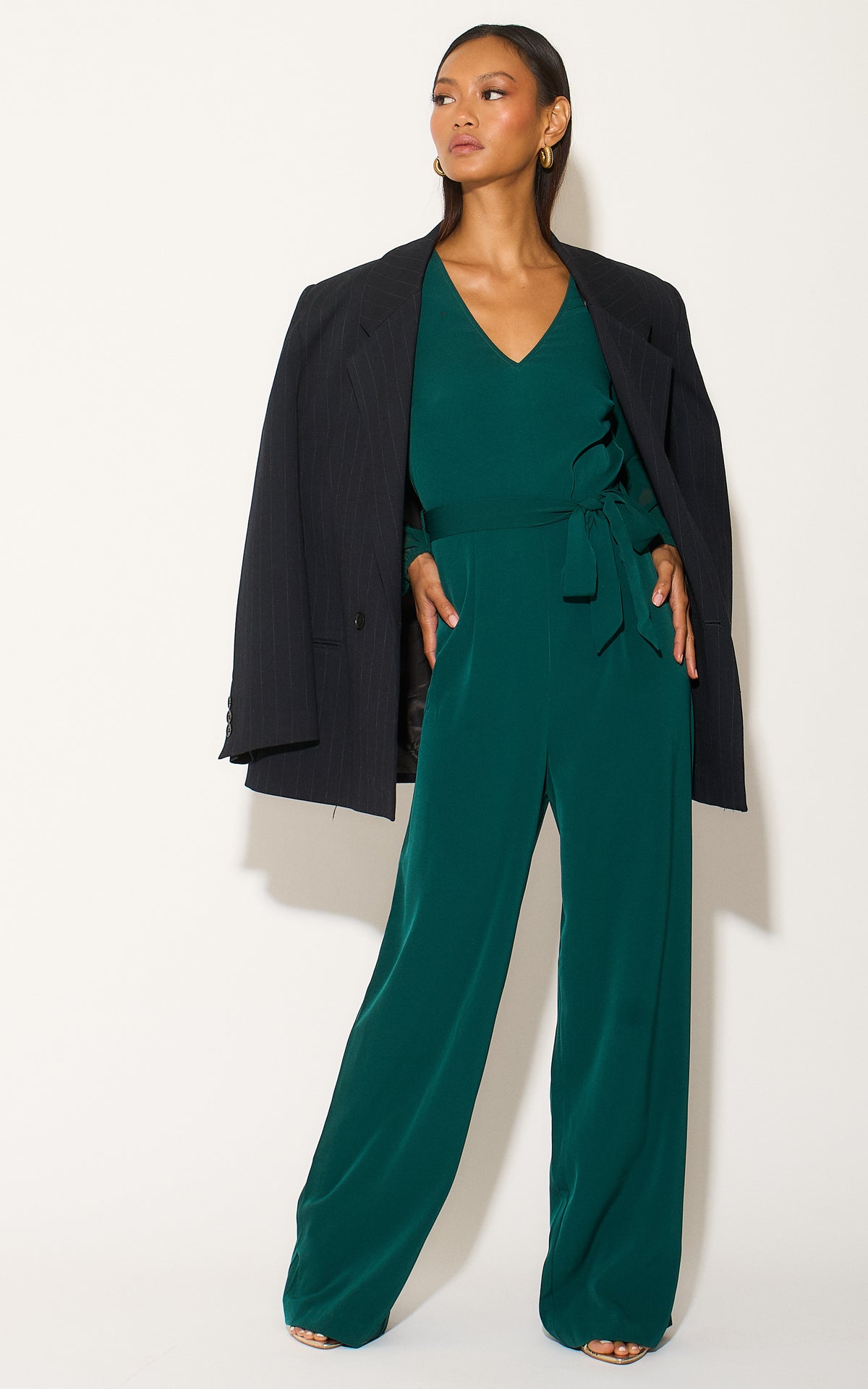 Forest Green Long Sleeve Jumpsuit with Chiffon Sleeve