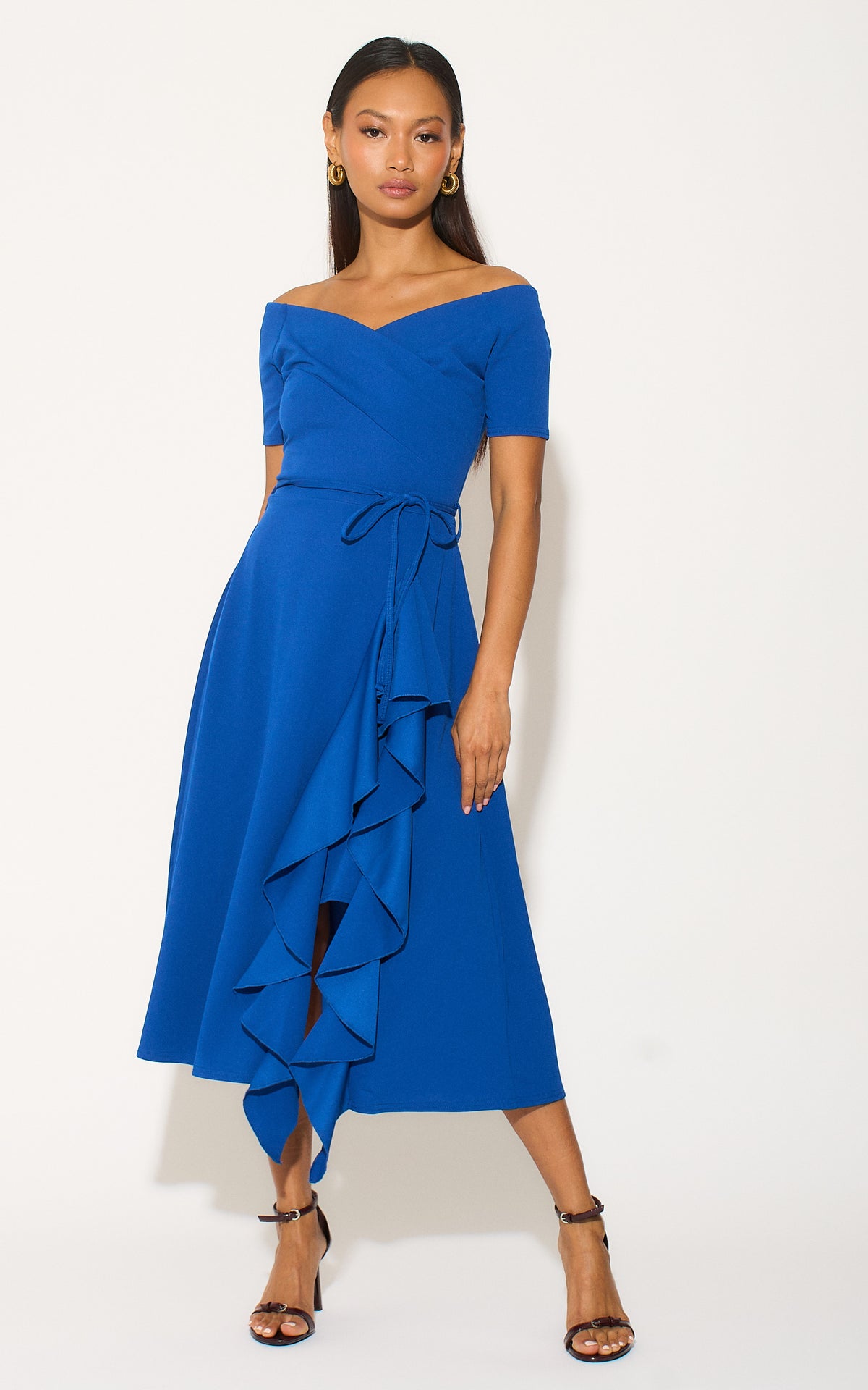Exclusive Bardot Frill Midi Dress Dark Royal Blue