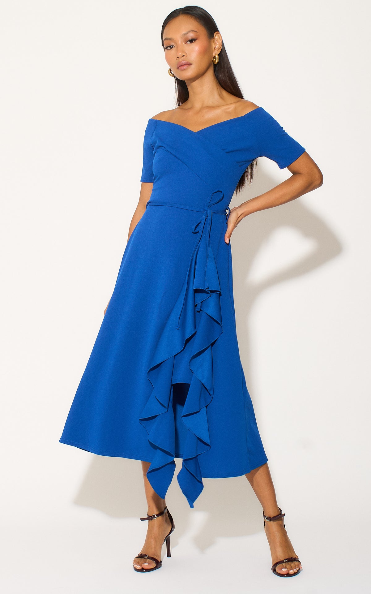Exclusive Bardot Frill Midi Dress Dark Royal Blue