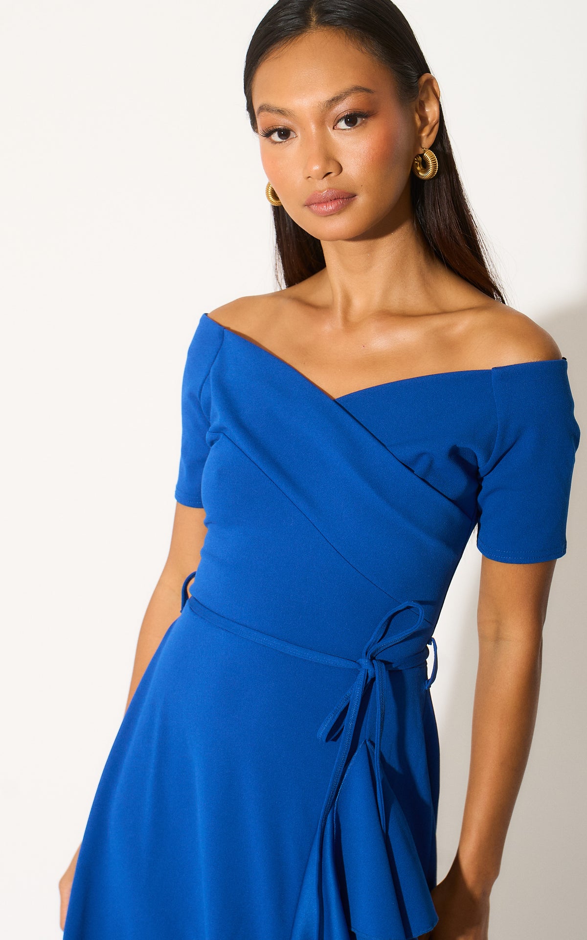 Exclusive Bardot Frill Midi Dress Dark Royal Blue