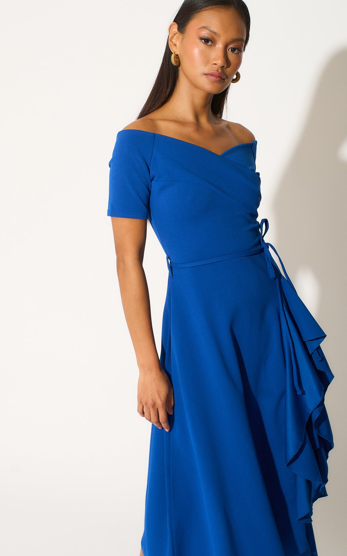 Exclusive Bardot Frill Midi Dress Dark Royal Blue