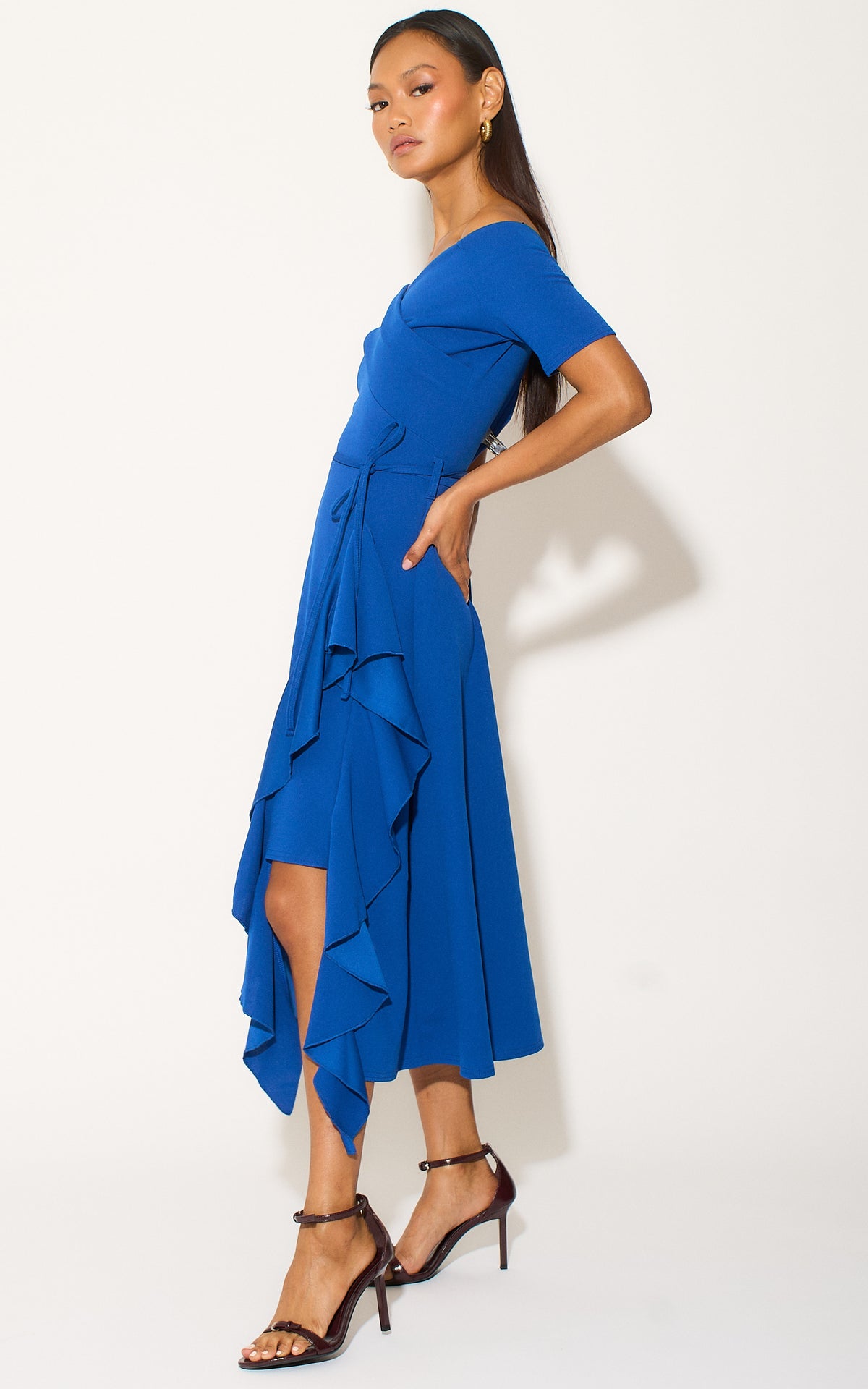 Exclusive Bardot Frill Midi Dress Dark Royal Blue