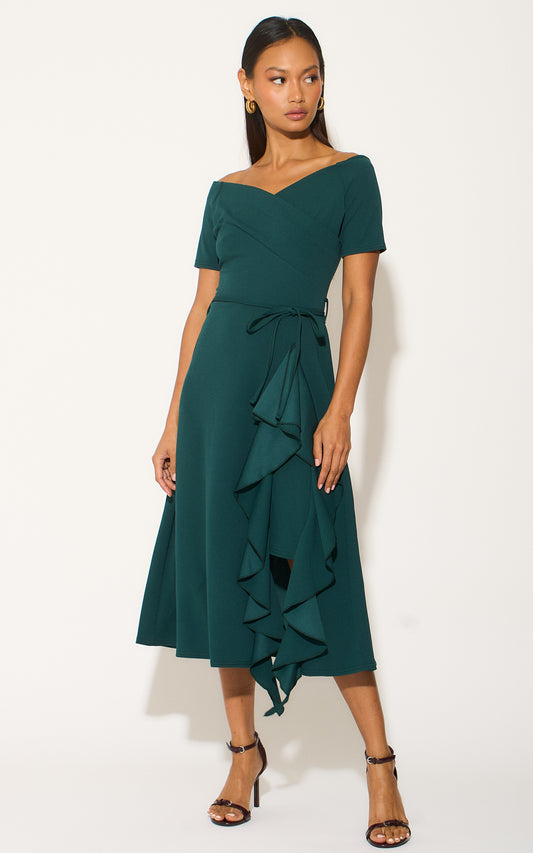 Exclusive Bardot Off Shoulder Frill Midi Dress Dark Green