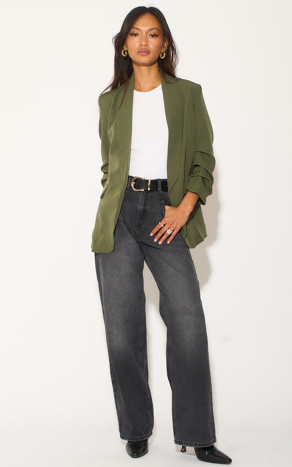 Oversized Khaki Green Rouched Sleeve Blazer