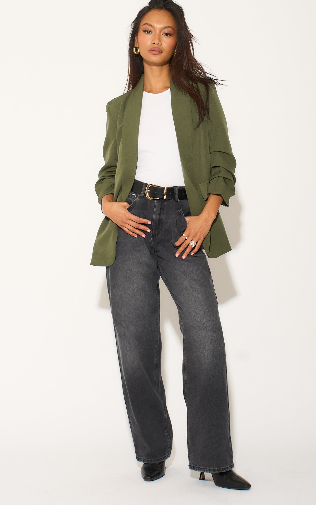 Oversized Khaki Green Rouched Sleeve Blazer