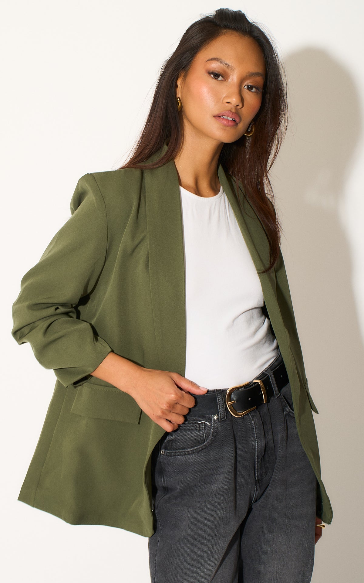 Oversized Khaki Green Rouched Sleeve Blazer