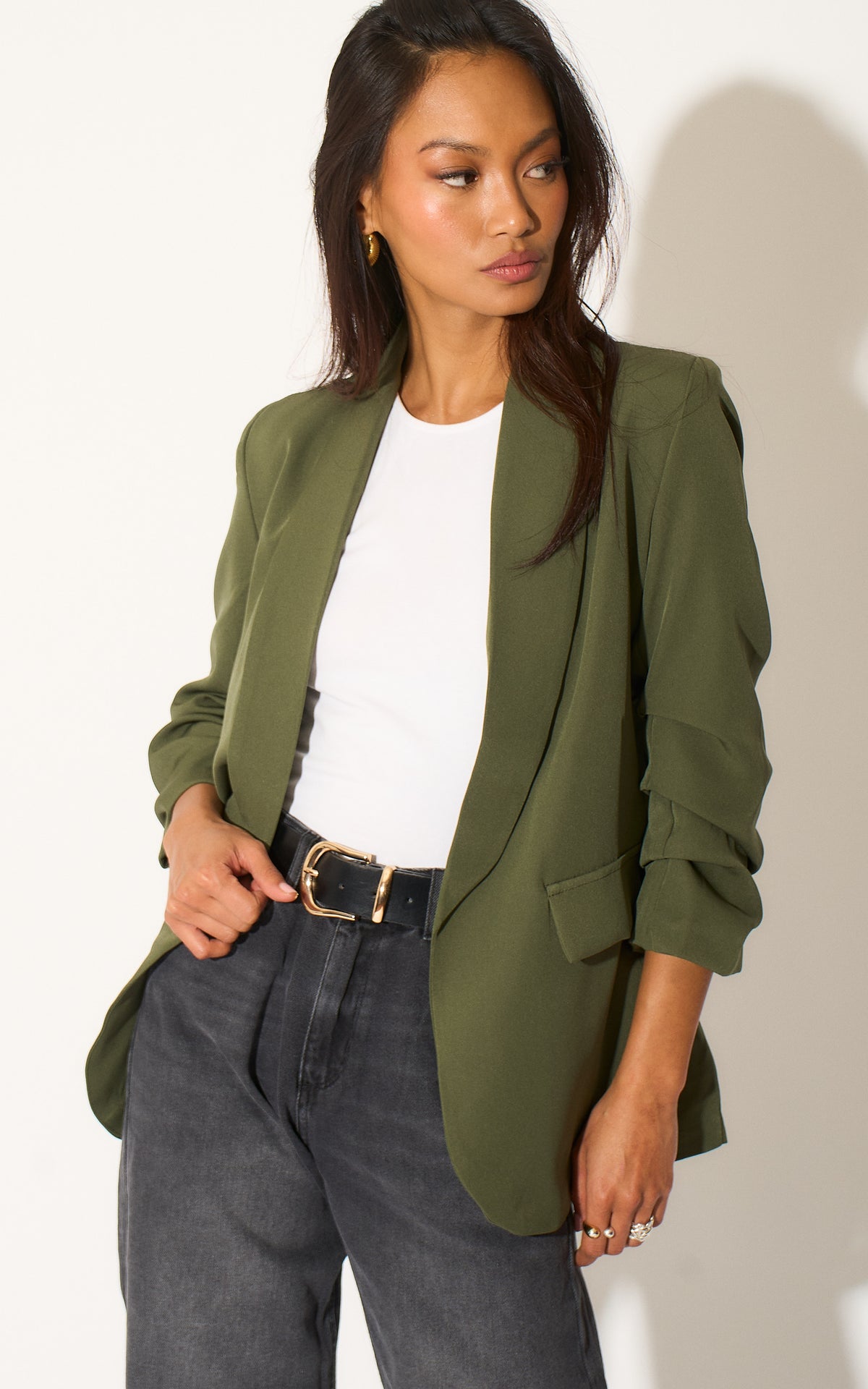 Oversized Khaki Green Rouched Sleeve Blazer