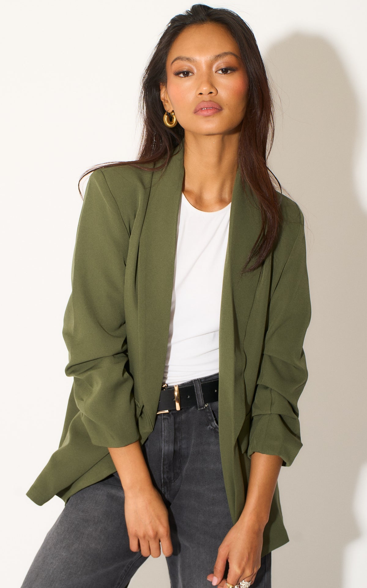 Oversized Khaki Green Rouched Sleeve Blazer