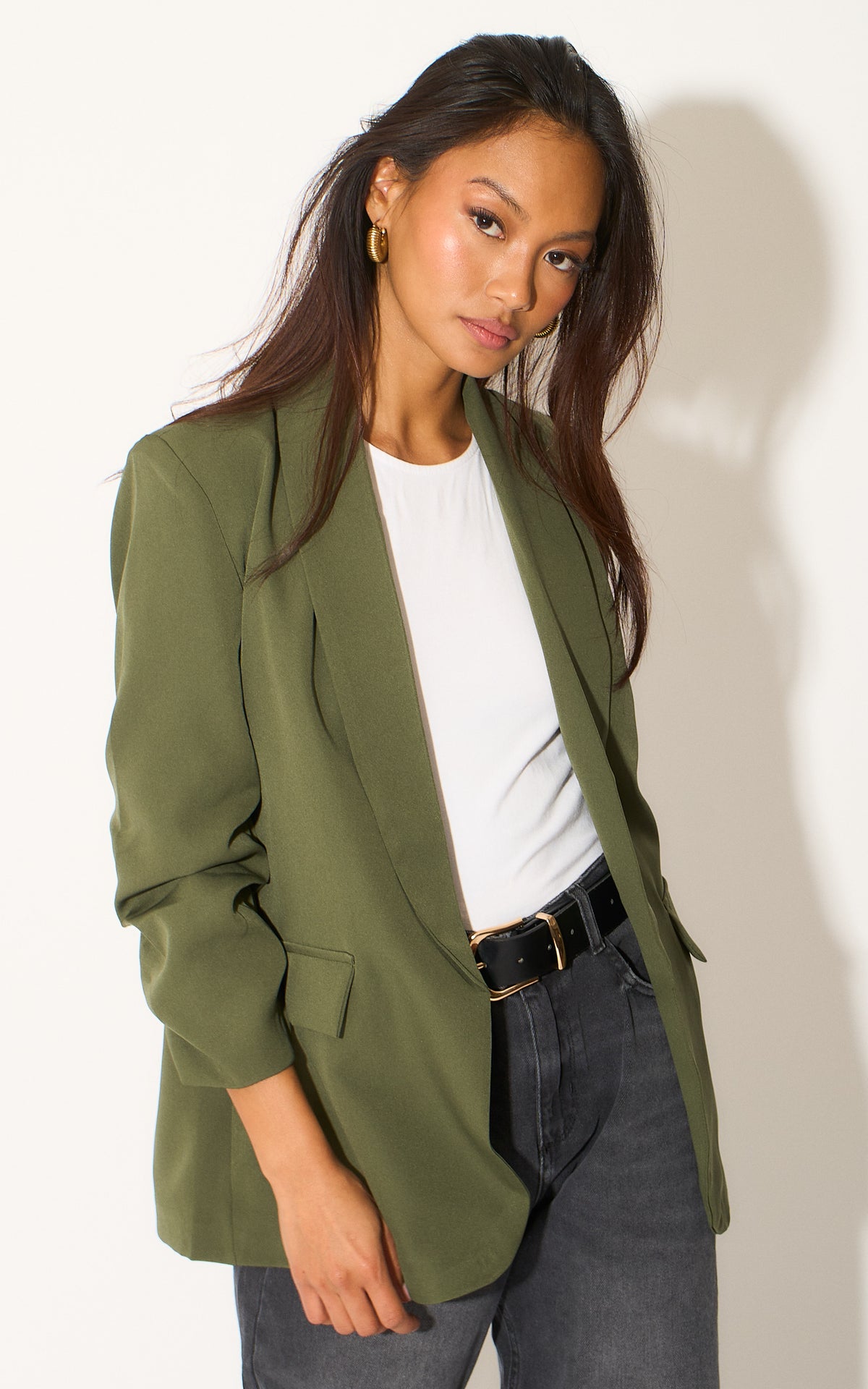 Oversized Khaki Green Rouched Sleeve Blazer