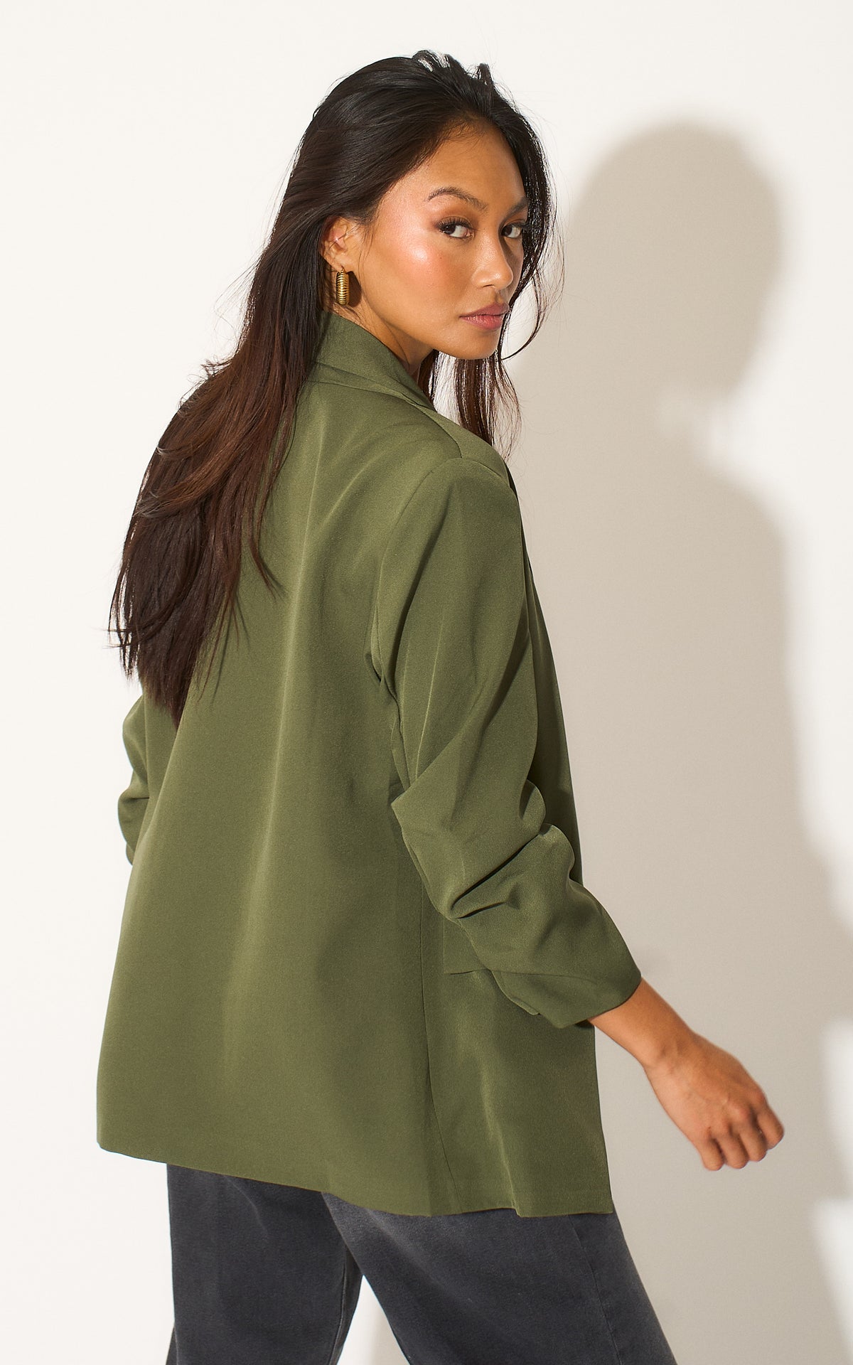 Oversized Khaki Green Rouched Sleeve Blazer