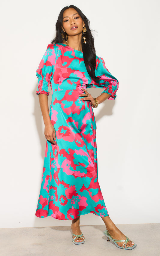Hazel Midi Floral Tea Dress Turquoise & Hot Pink