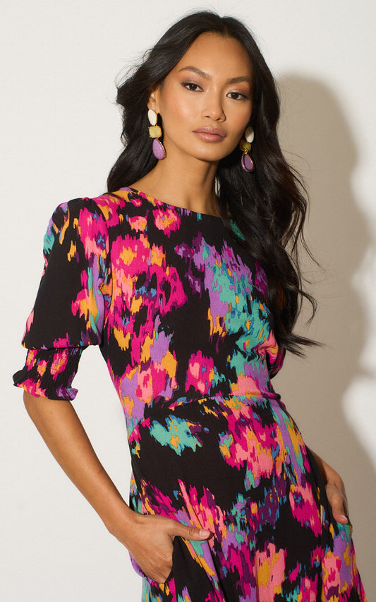 Hazel Midi Abstract Floral Tea Dress Black Multi