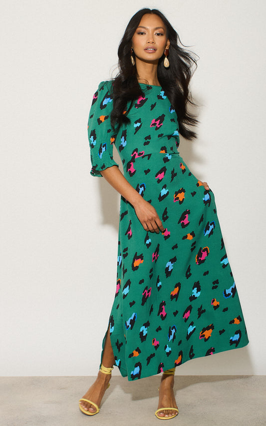 Hazel Midi Floral Tea Dress Leopard Print -Green