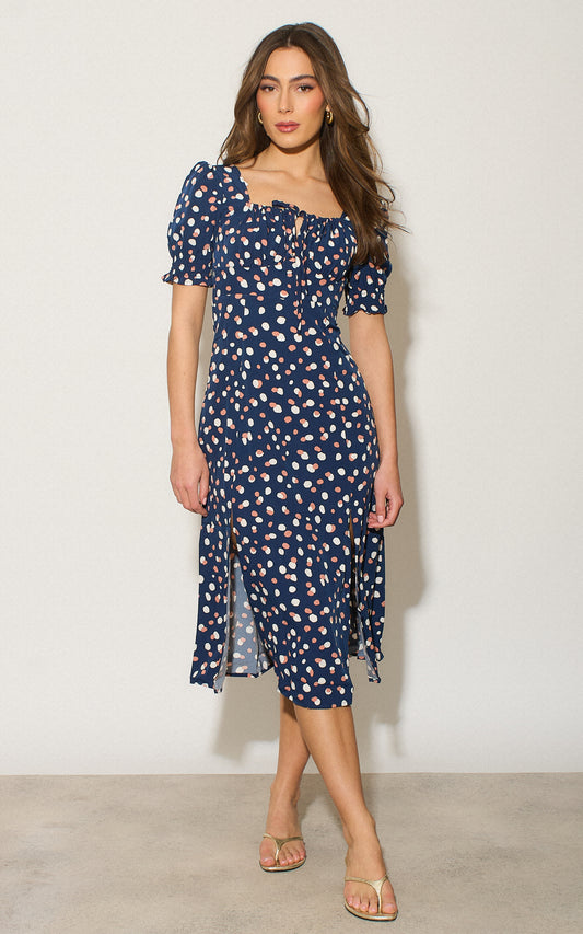 Polka dot print midi dress with belt fastening in navy