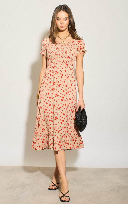 Floral print smock bardot wrap dress with frill details in cream