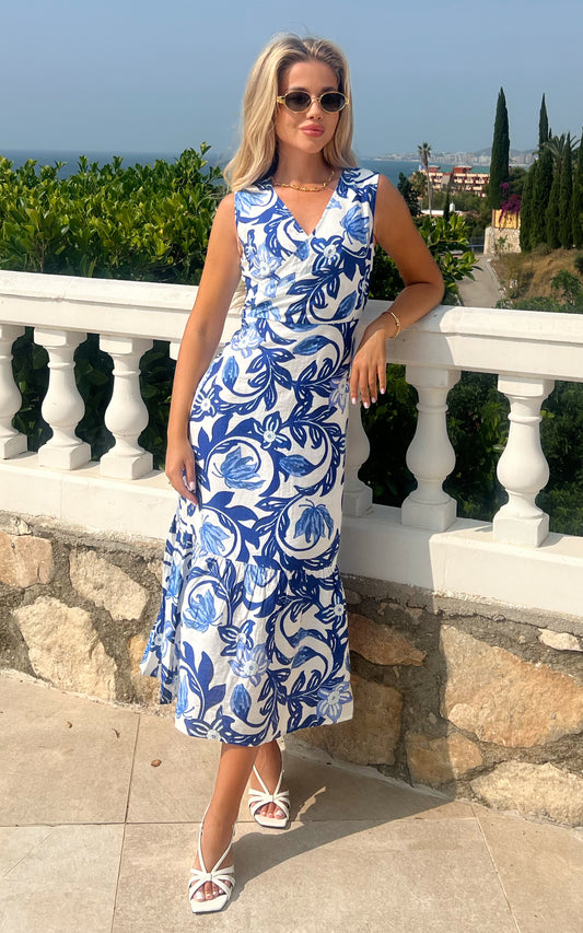 Blue floral sleeveless maxi dress