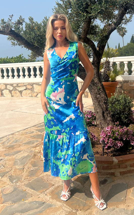 Mixed pink blue green sleeveless maxi dress