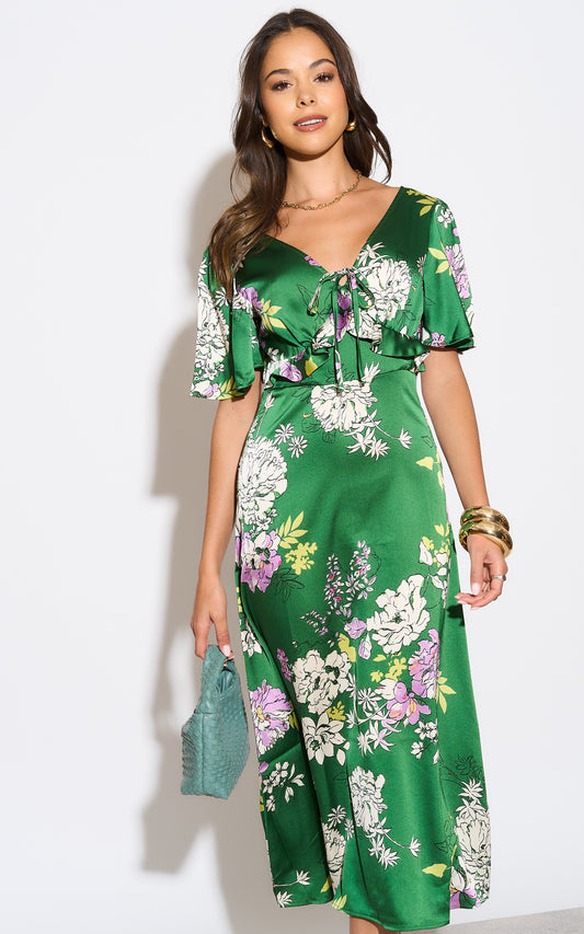Green floral maxi dress with ruffle detail