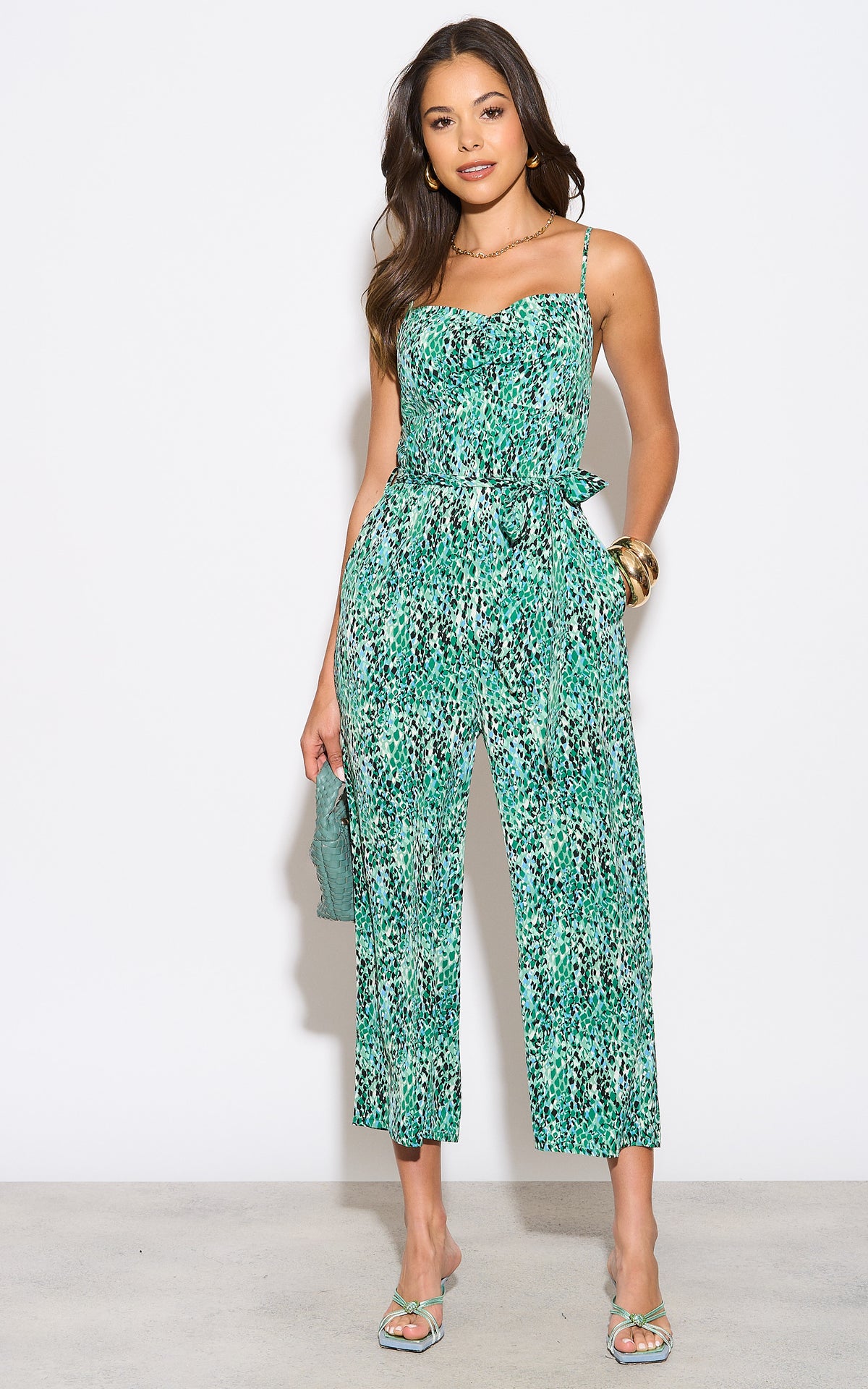 Cami jumpsuit in green abstract print