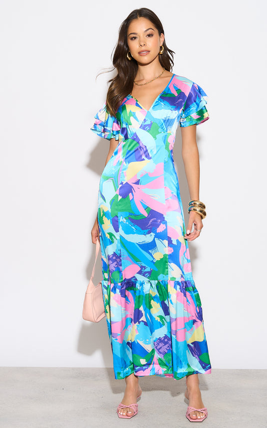 Multicolour abstract print maxi dress with frilled sleeves