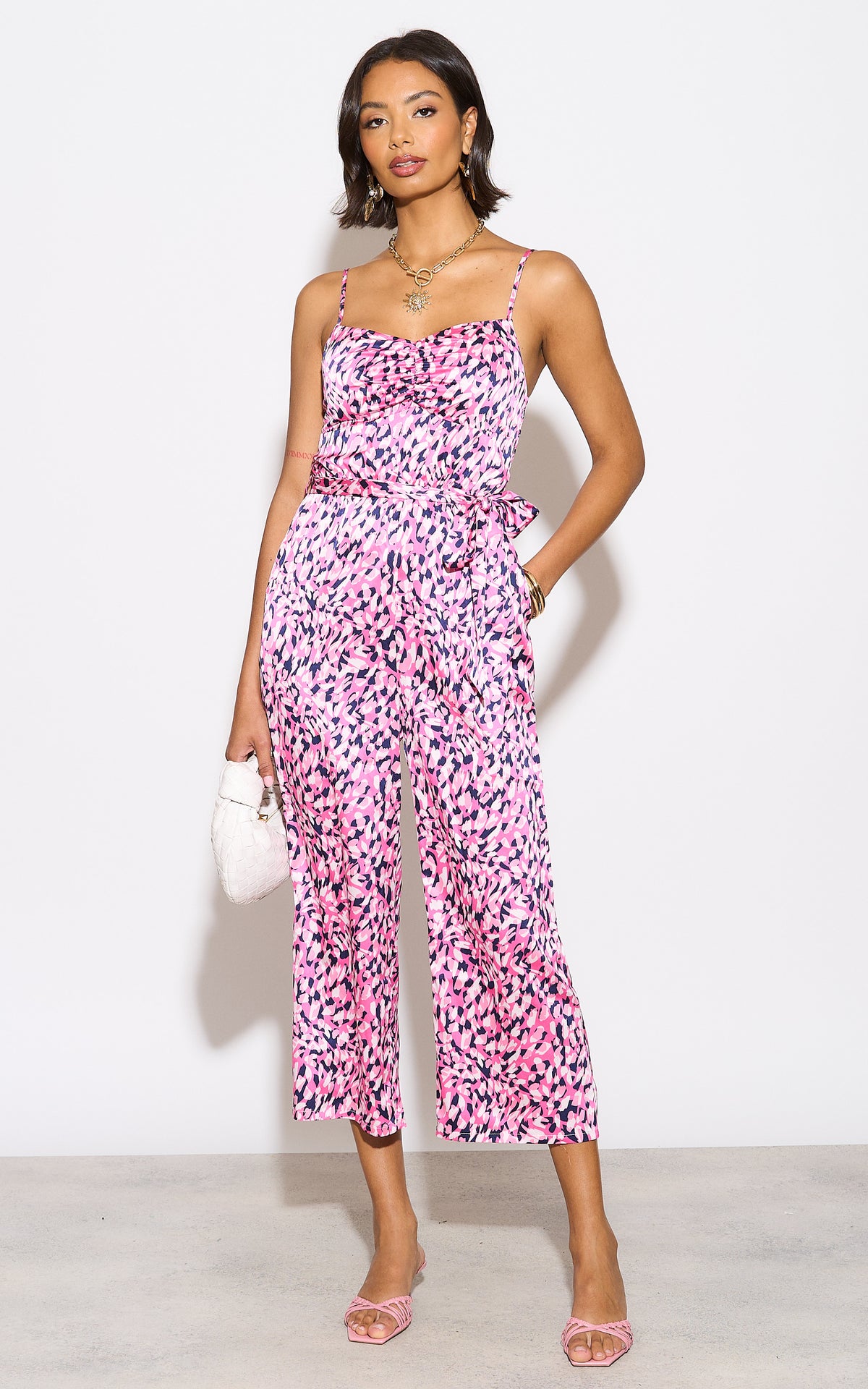 Cami jumpsuit in pink abstract print