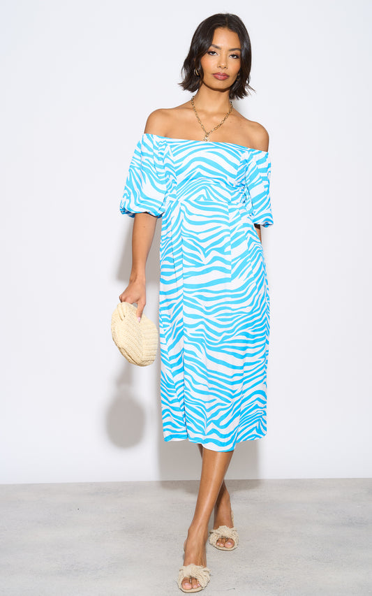 Blue & white animal print Bardot midi dress with smock detail print