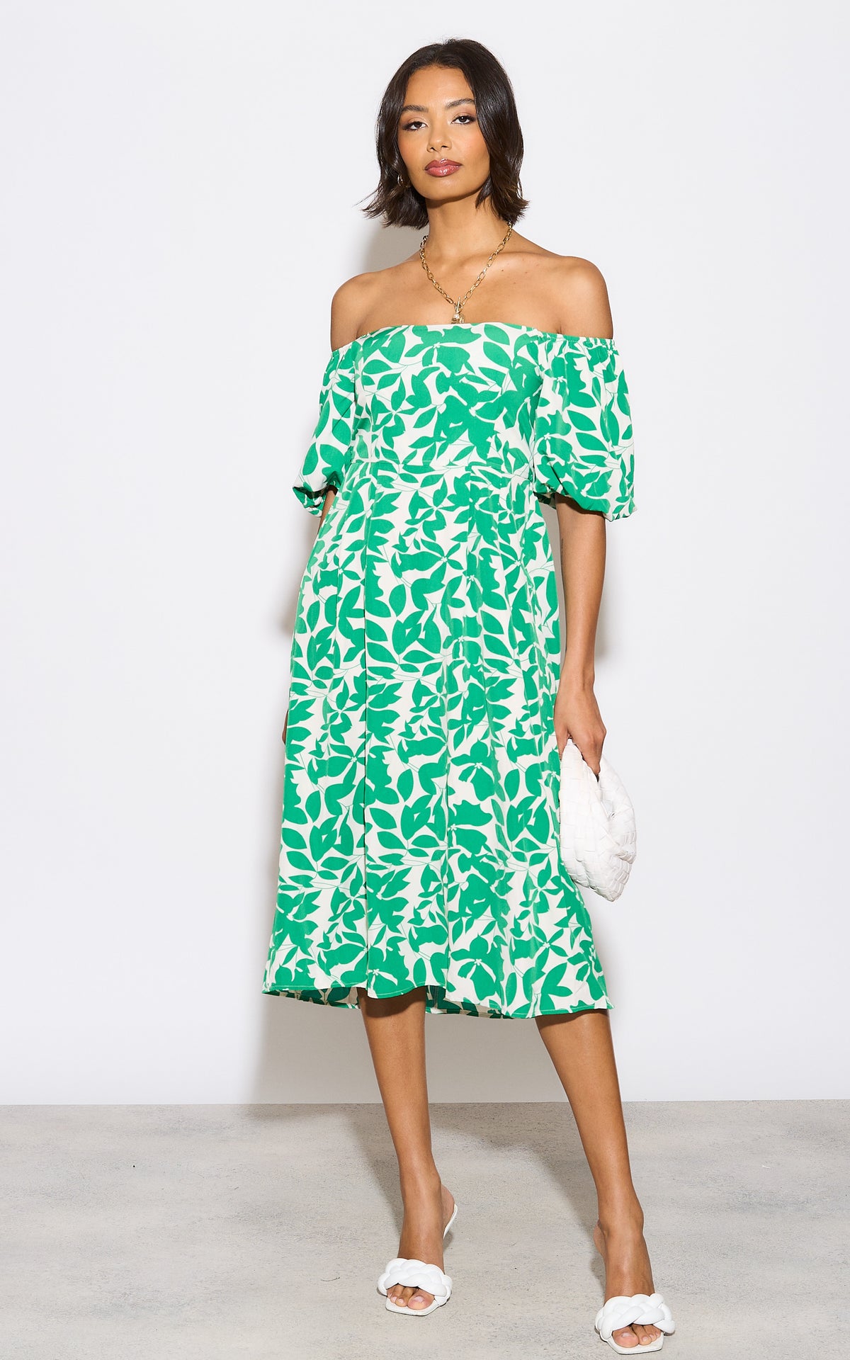 Bardot midi dress with puff sleeve in green floral print