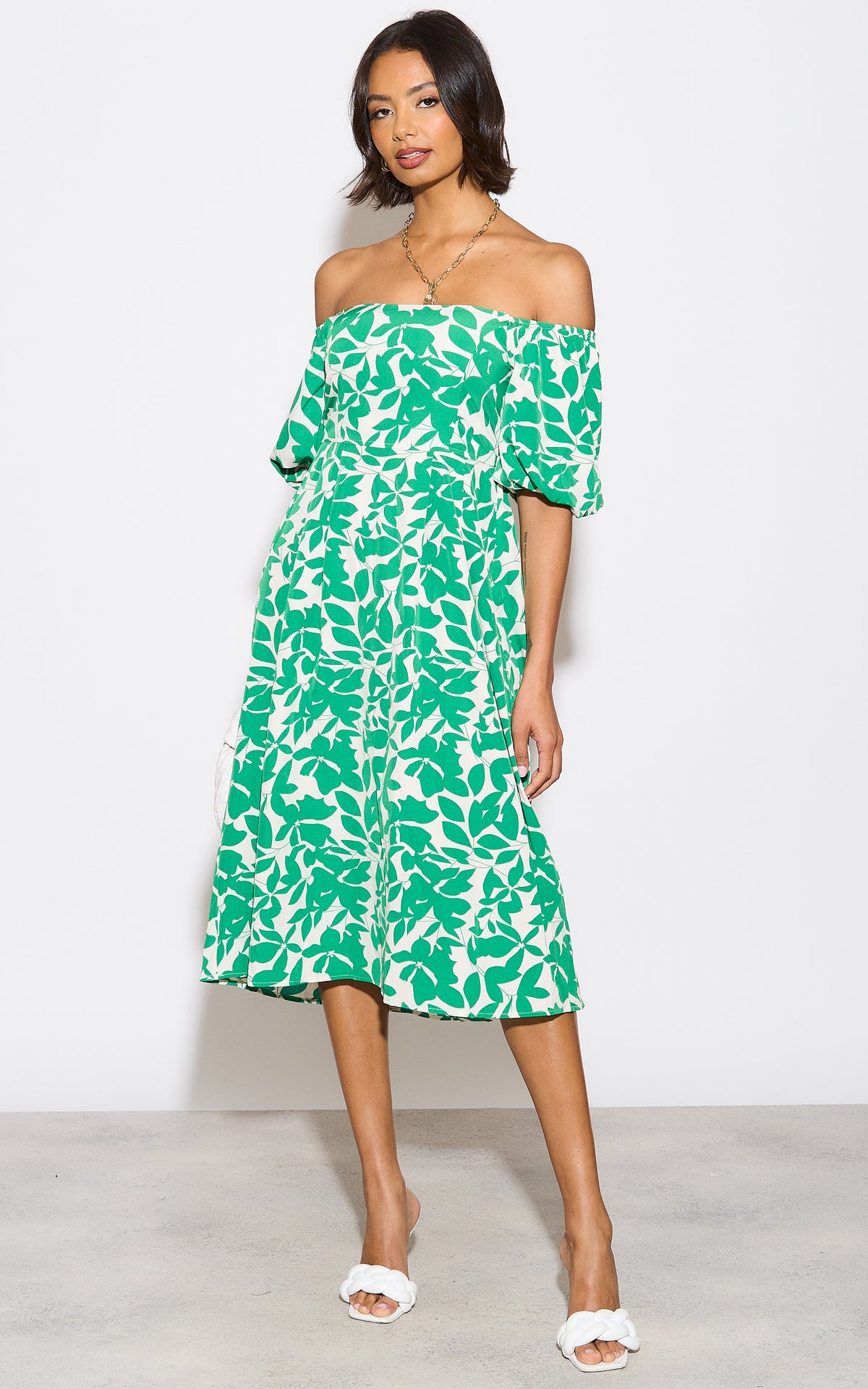 Bardot midi dress with puff sleeve in green floral print