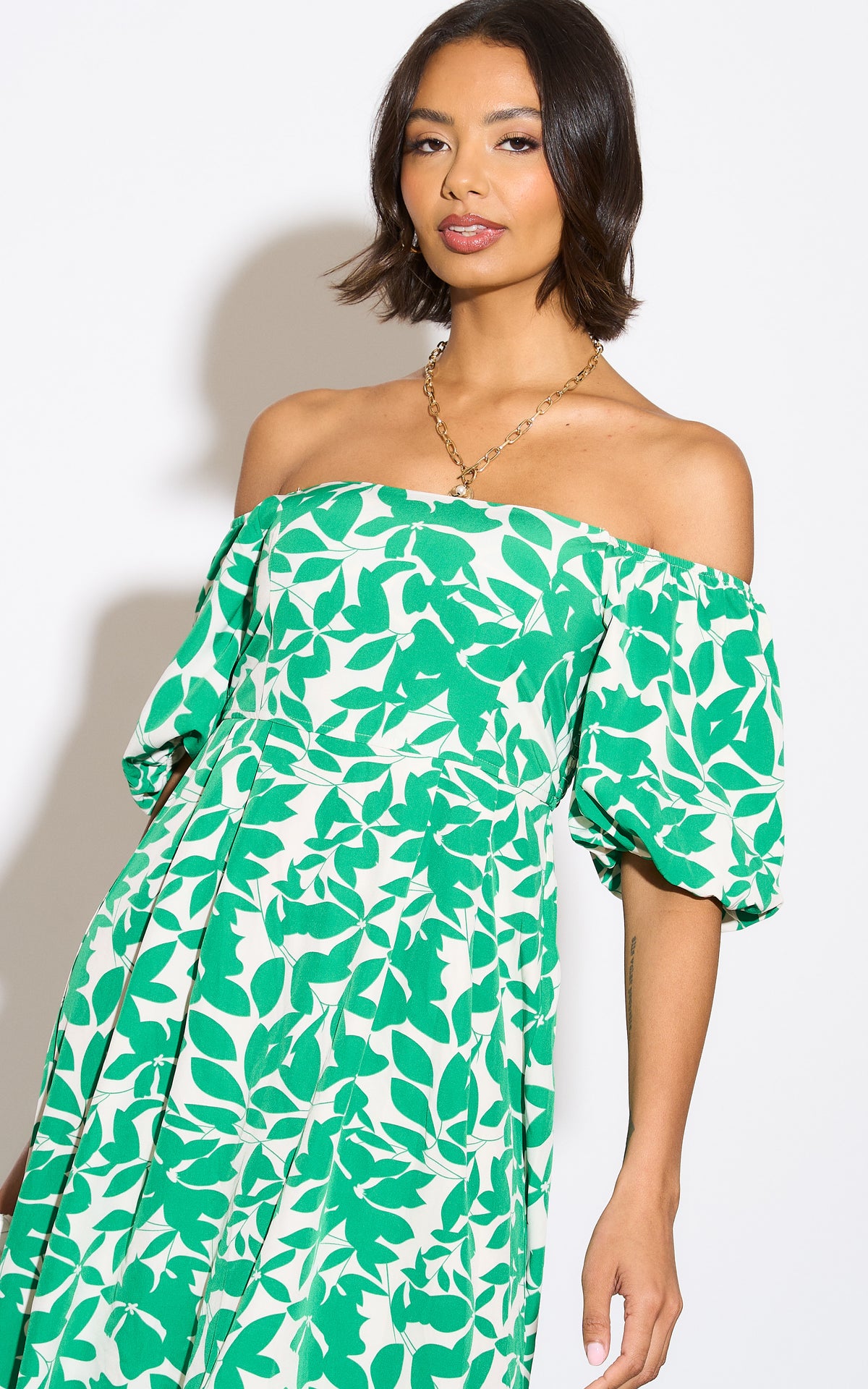 Bardot midi dress with puff sleeve in green floral print