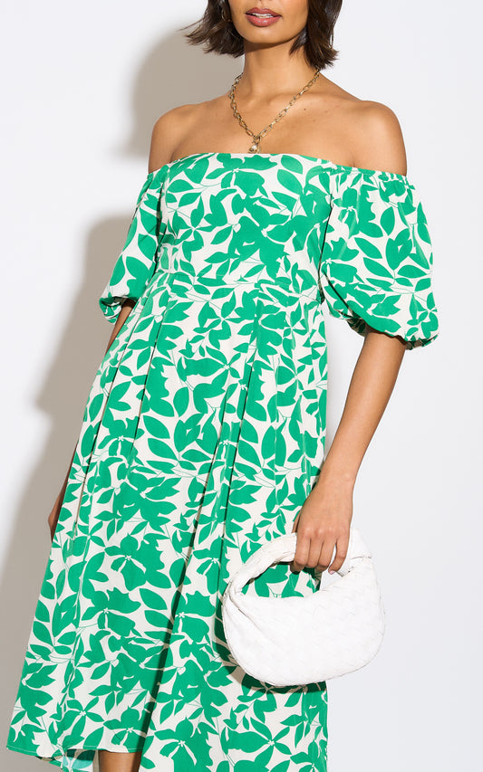 Bardot midi dress with puff sleeve in green floral print