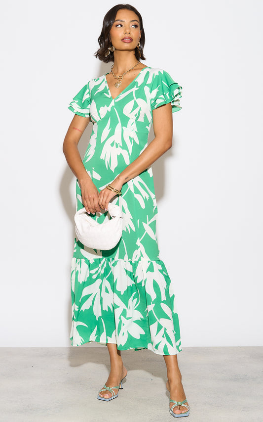 Frilled sleeves maxi dress in white and green abstract print