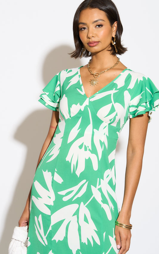 Frilled sleeves maxi dress in white and green abstract print