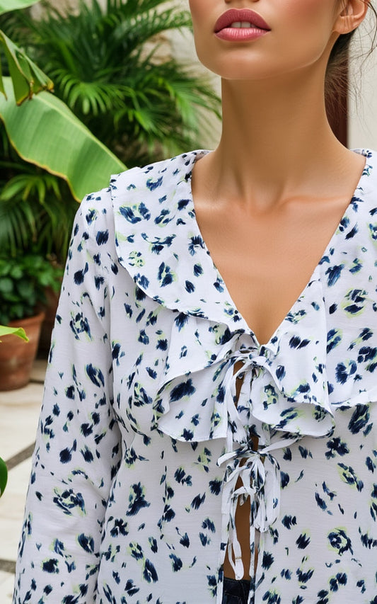 Leopard long sleeve frill tie front blouse in Green and white