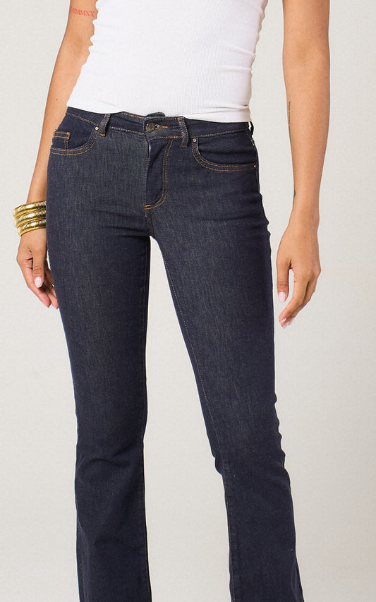 Mid Waist Flared Fit Dark Blue Denim Jeans