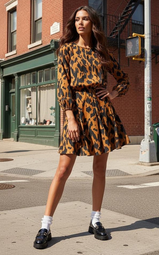 Camel Animal Print Pleated Skater Dress