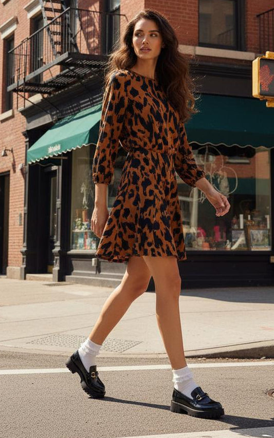 Camel Animal Print Pleated Skater Dress