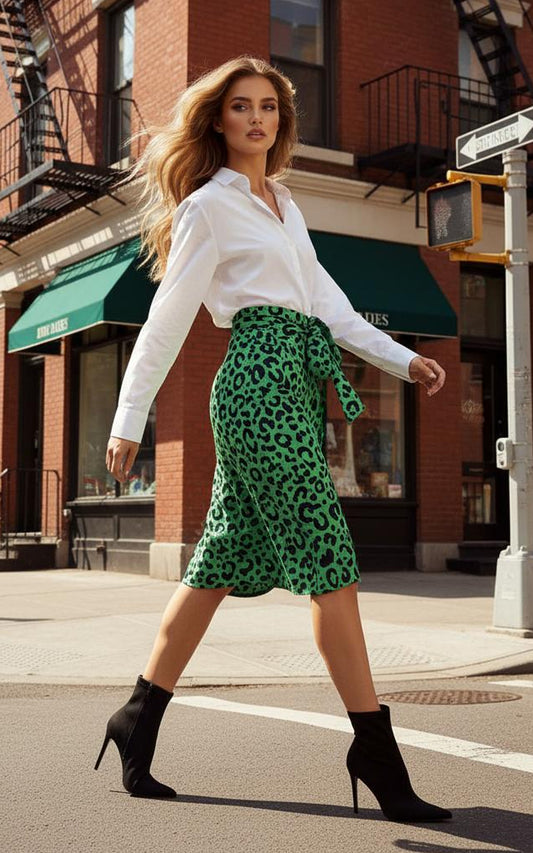 Green/black leopard midi wrap style skirt with elasticated waist band