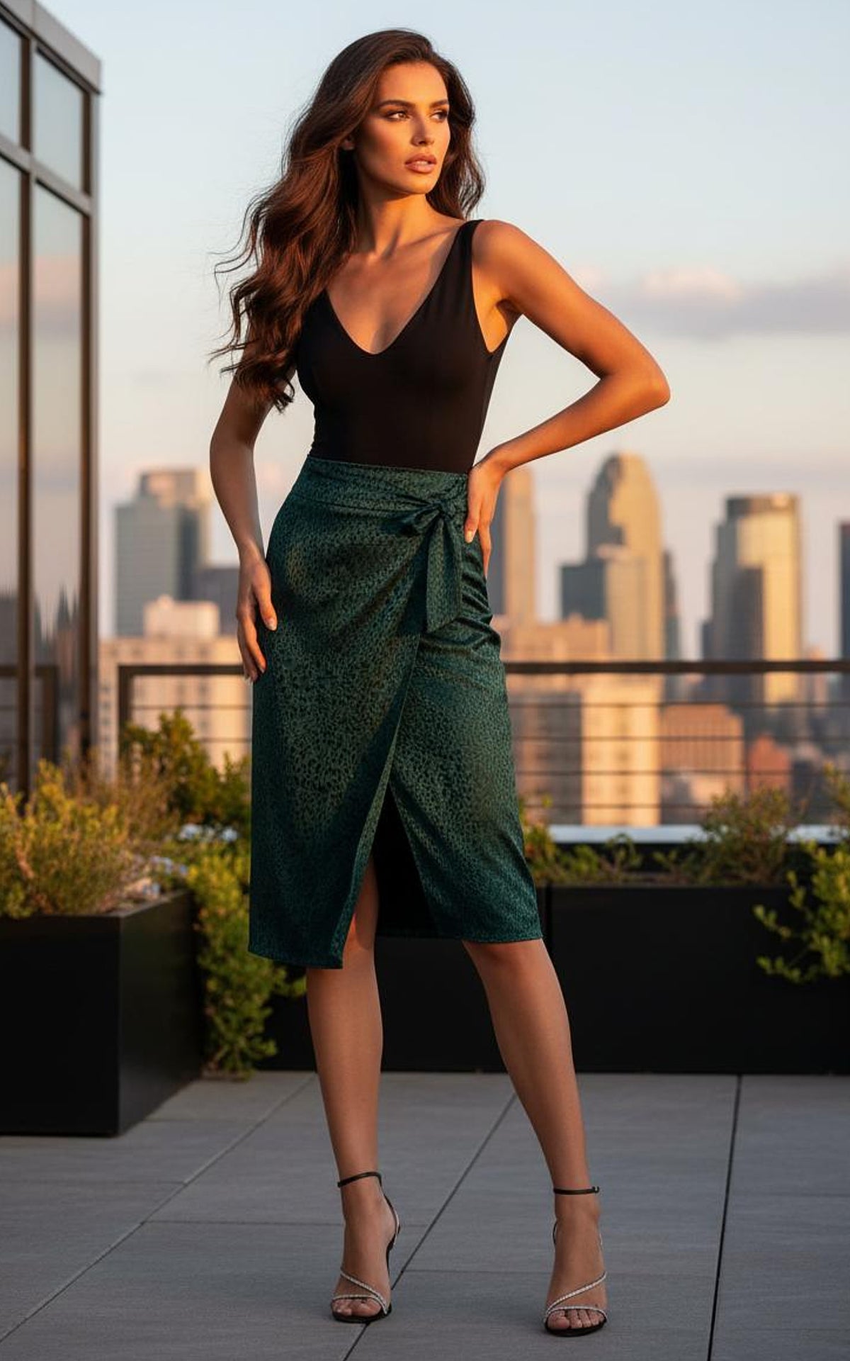 Leopard print midi wrap skirt in amazon green