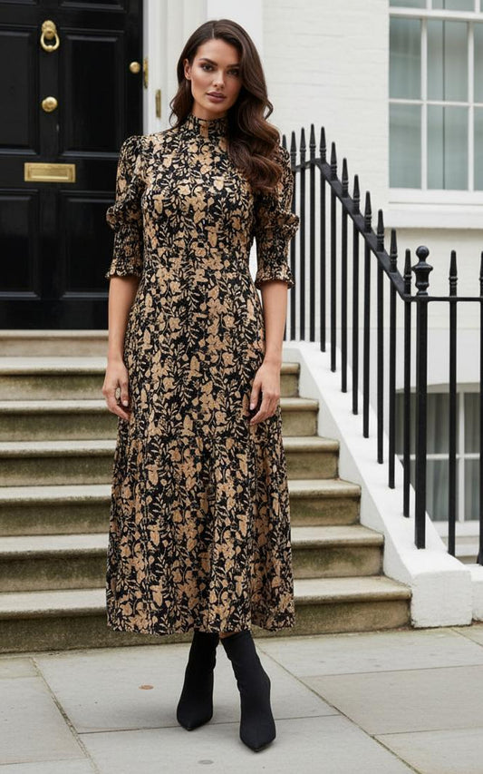 High neck floral print with 3/4 smock sleeve tiered dress in beige and black