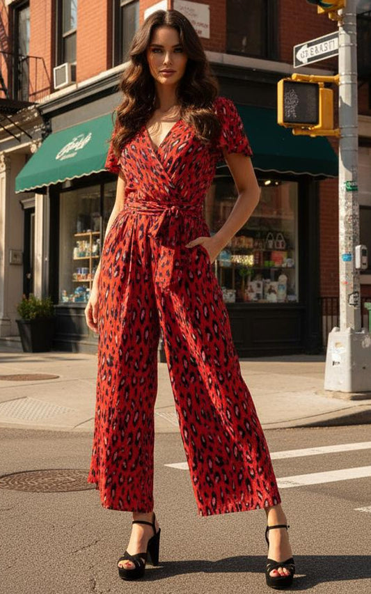 Cap Sleeve Culotte Jumpsuit, Red Animal
