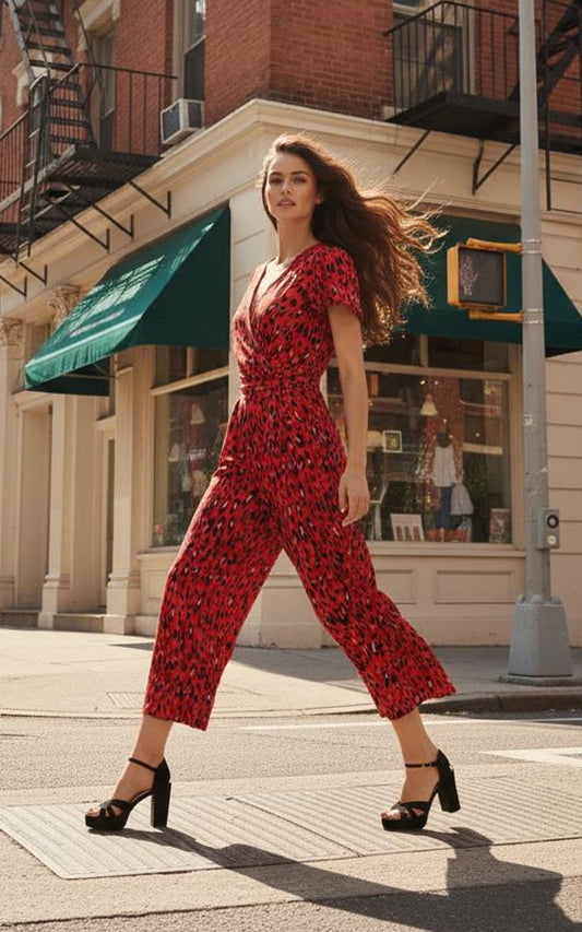 Cap Sleeve Culotte Jumpsuit, Red Animal
