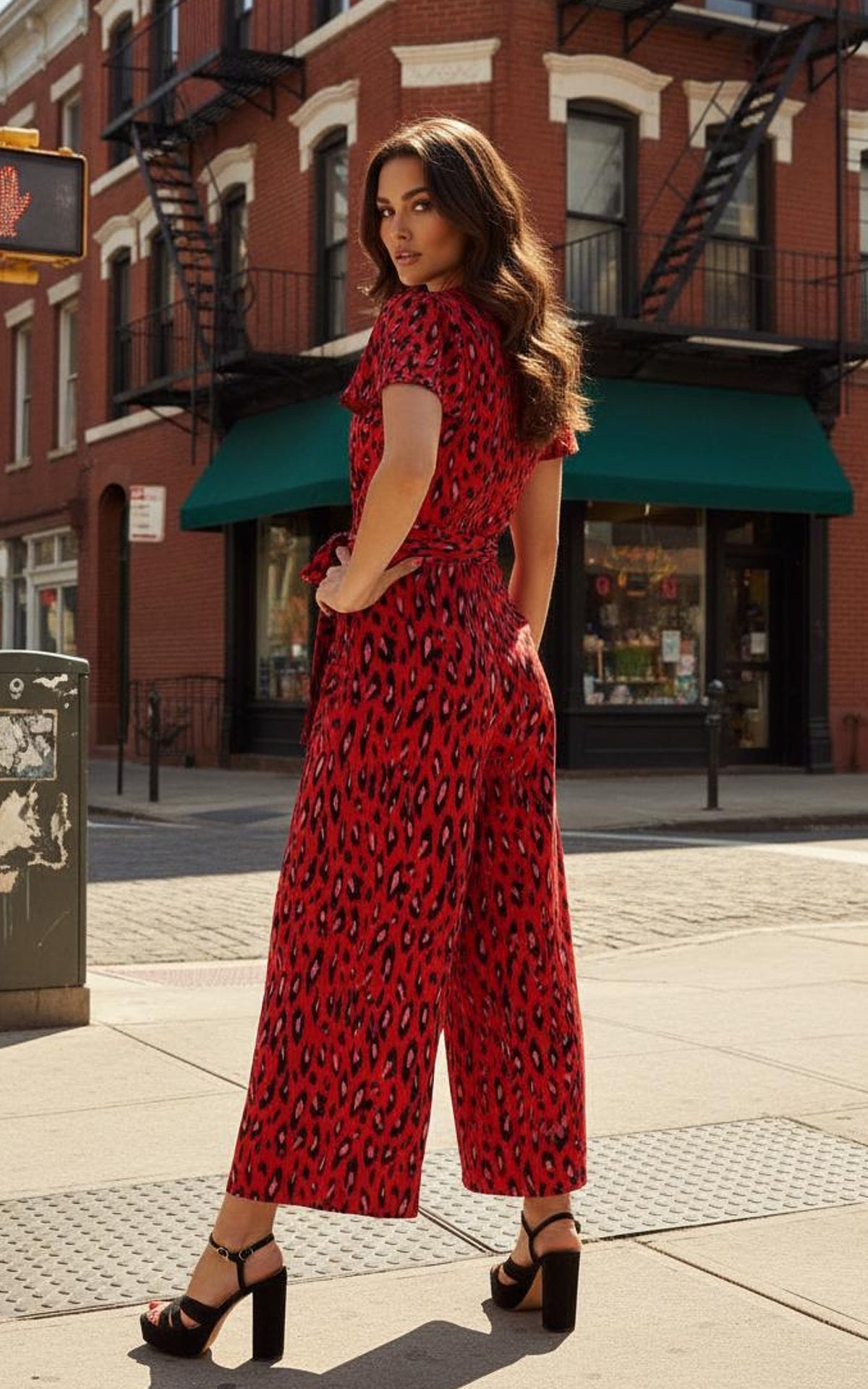 Cap Sleeve Culotte Jumpsuit, Red Animal