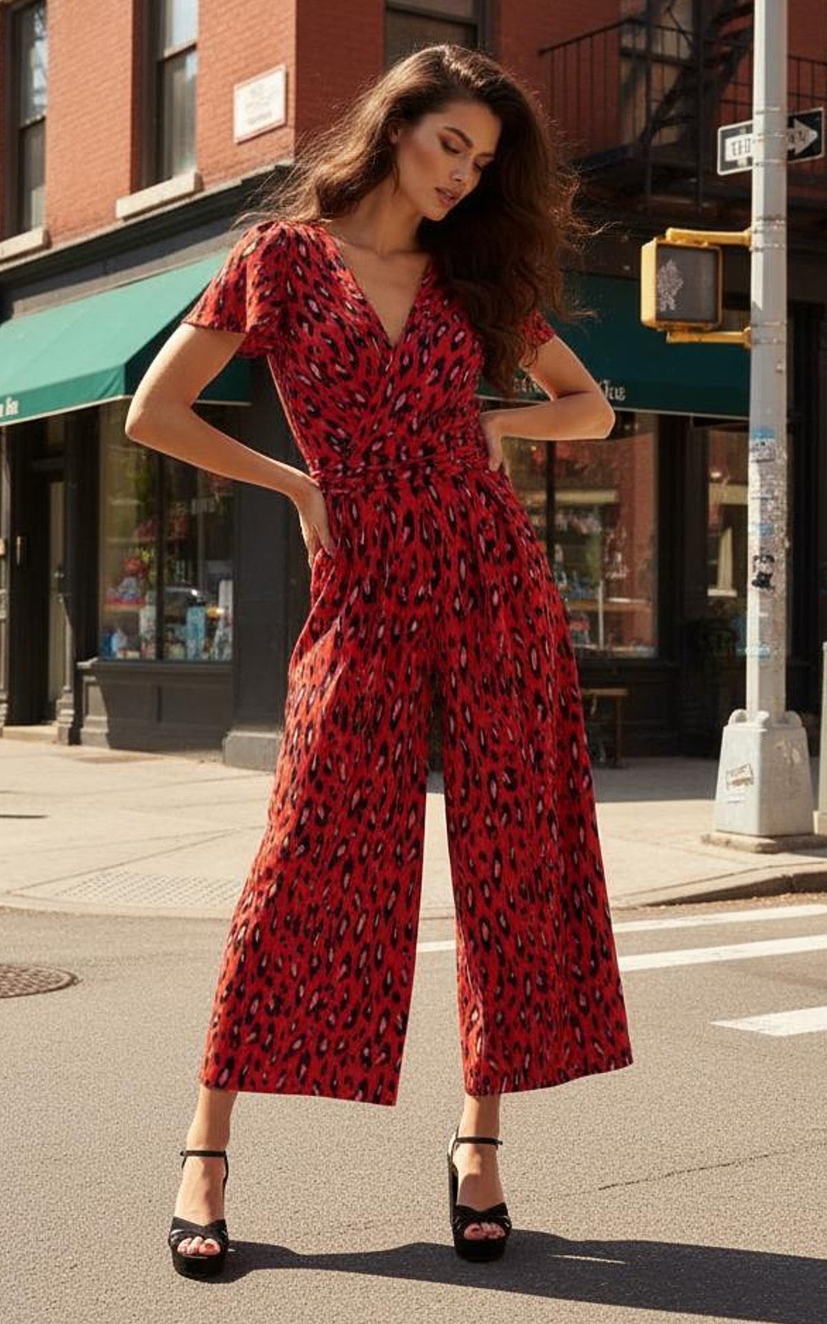 Cap Sleeve Culotte Jumpsuit, Red Animal