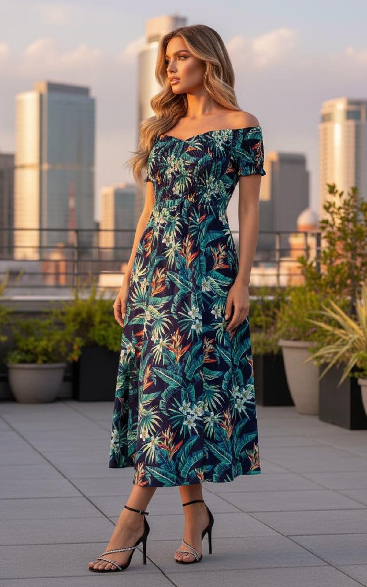Floral Leafy Bardot Double Split Midi Dress In Navy