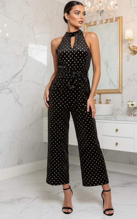 Halter Neck Culotte Velvet Jumpsuit in Gold Spot